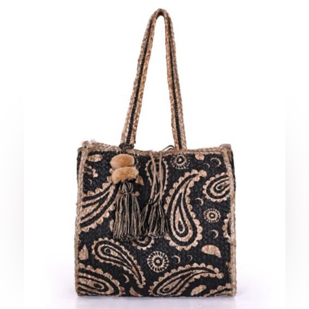 America & Beyond Boho Jute Beach Tote Bag